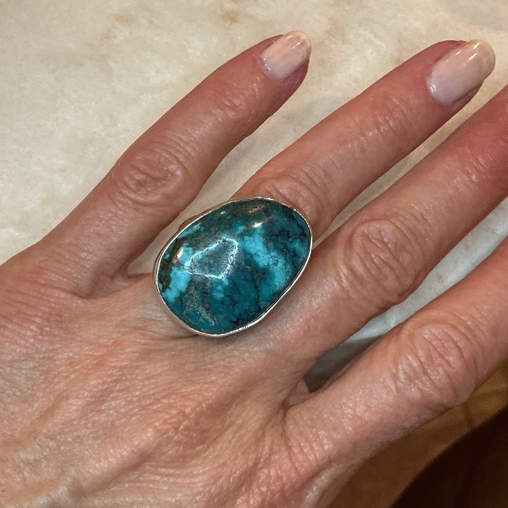 Sterling Silver 925 Turquoise Statement Ring Size 7.5 Oval Stone‎ Band